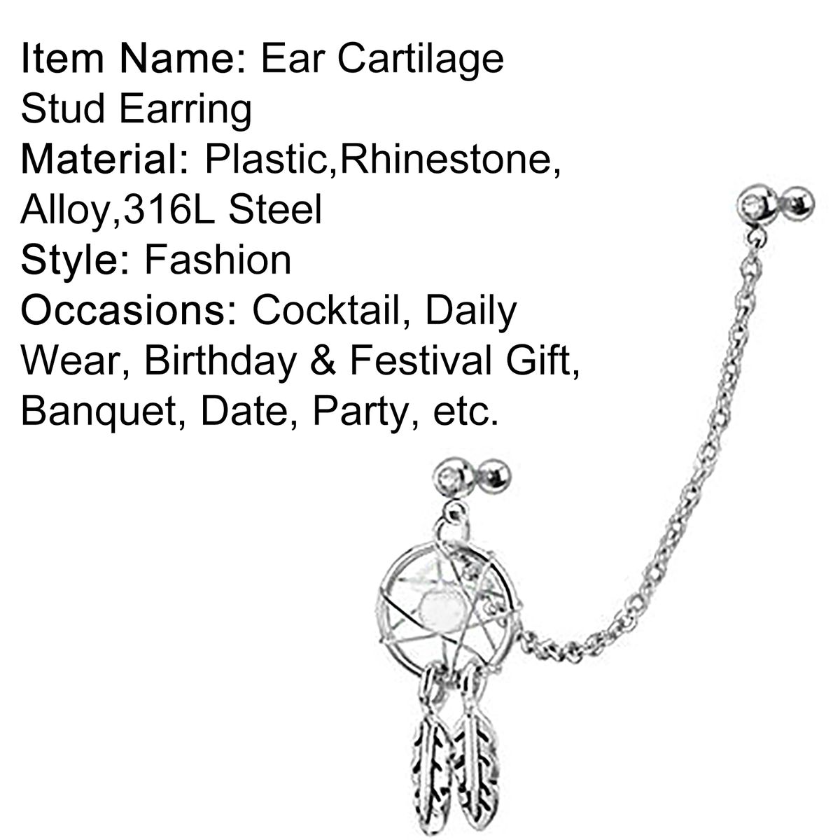 Dream Catcher Star Helix Tragus Cuff Ear Piercing Cartilage Stud Dangle Earring-Blue