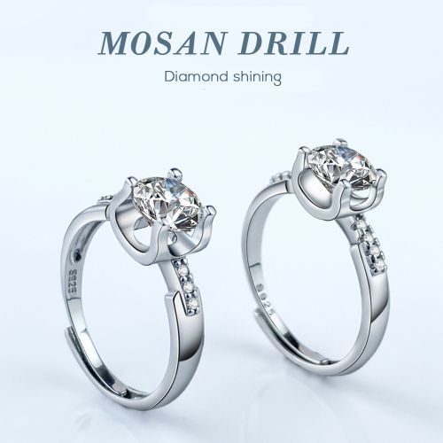 Diamond Inlaid Open Wedding Ring Ox Horn Four Claw 925 Silver Ring