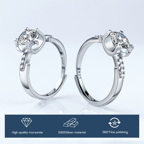 Diamond Inlaid Open Wedding Ring Ox Horn Four Claw 925 Silver Ring