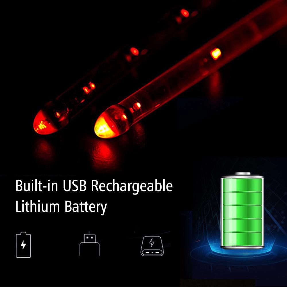 LED Light Up Drumsticks Jazz Drum Sticks 15 Gradient Colorful Lights USB Charging with ON/OFF Switch Drumstick Drum Set Accessories