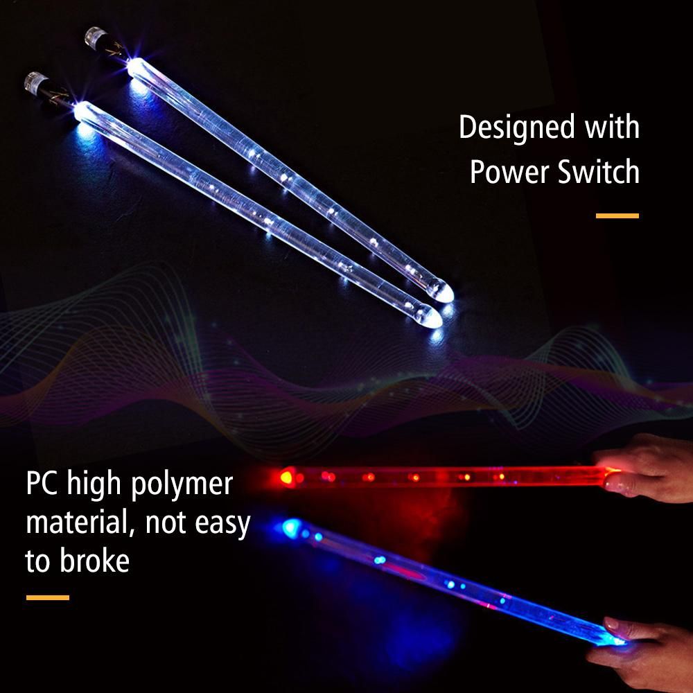 LED Light Up Drumsticks Jazz Drum Sticks 15 Gradient Colorful Lights USB Charging with ON/OFF Switch Drumstick Drum Set Accessories