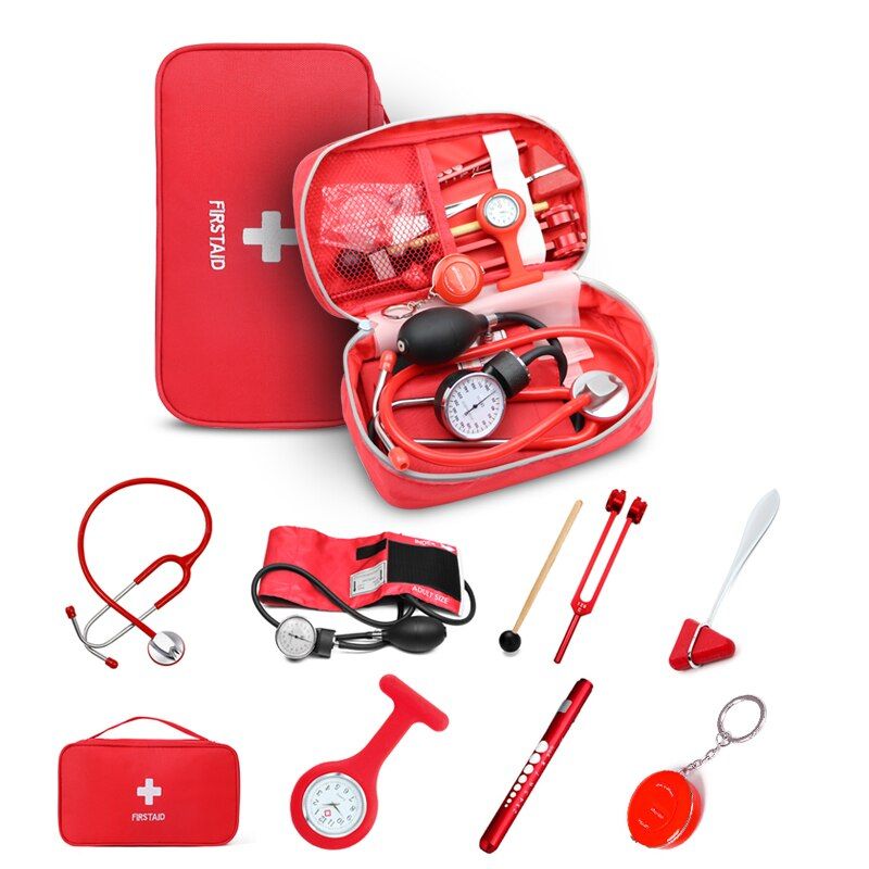 8PCS Set Medical Storage Kit Health Bag  With Stethoscope Manometer Tuning Fork Reflex Hammer LED First Aid Penlight Torch