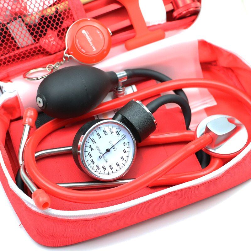 8PCS Set Medical Storage Kit Health Bag  With Stethoscope Manometer Tuning Fork Reflex Hammer LED First Aid Penlight Torch