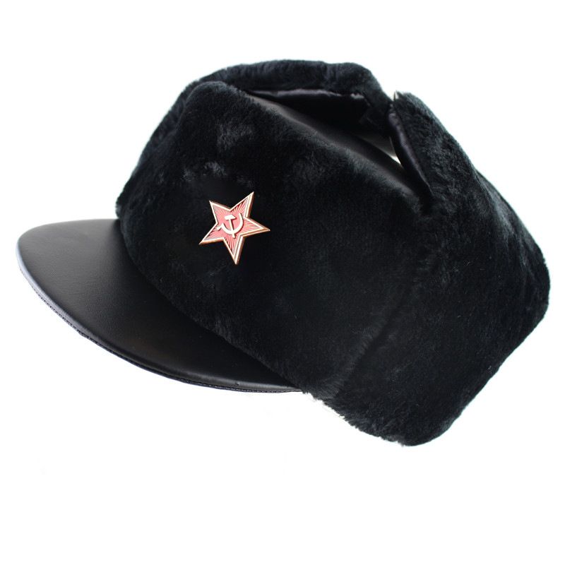 Soviet Badge  Hat Windproof And Waterproof Winter Ear Flap Caps Thickened Russian Warm Hat Cold Anti Ary Hat Unisex-Pu Brim - H