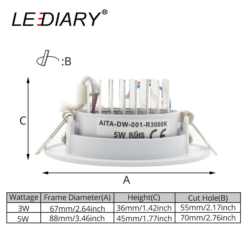 LEDIARY COB LED Downlights Real 3W 5W 110V-240V White