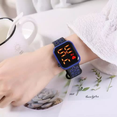 Unisex Cube Yellow Display Hollow Out Strap Digital Led Watch- Deep Blue