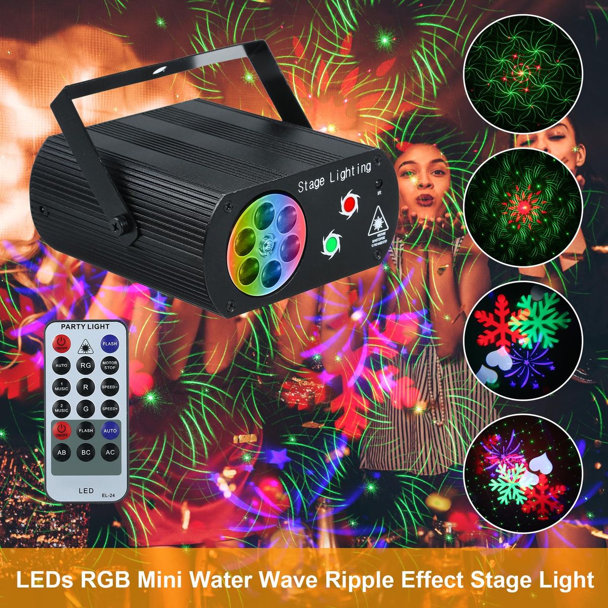 A C100-240 V 5 W 3 LEDs RGB Mini Water W-ave Ripple Effect Stage Light Lighting Fixture Lamp Supported Auto-run/ Sound Activated/ Strobe/ R-emote C--ontrol Controller/ Speed Adjustable Portable for Disco KTV DJ Show C-lub Par
