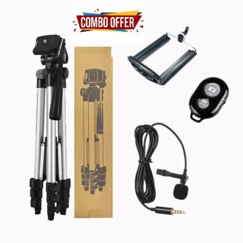 Phone Tripod Stand 4feet + Lapel Microphone With Remote For Recording And Live Streaming