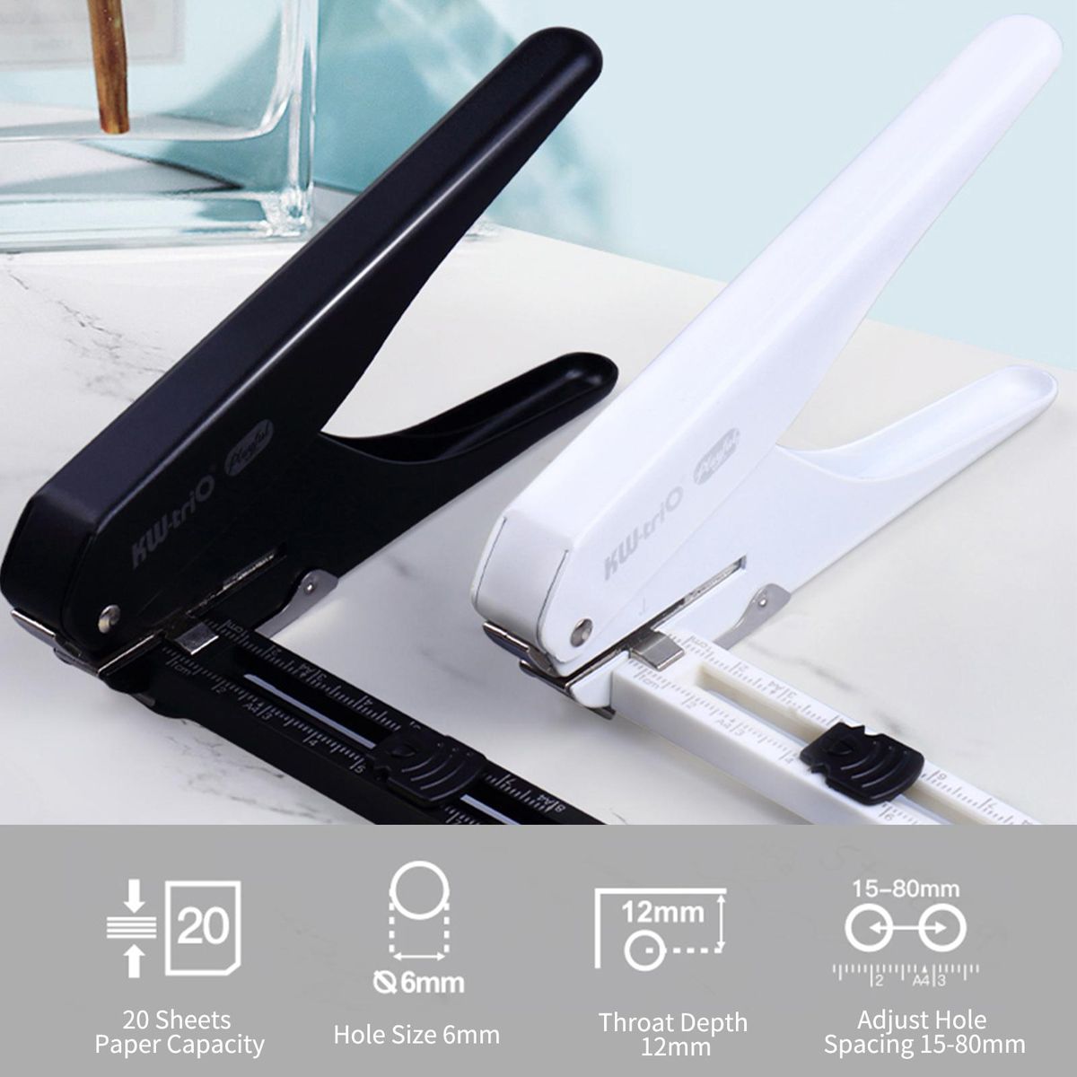 KW-trio 1/4'' Hole Punch Single Hole Puncher with Standard Ruler Handheld Metal 20 Sheet Capacity 6mm Aperture Paper Punch Adjust Hole Spacing A4 Notebook Scrapbook Diary Planner for Home Office School Supplies