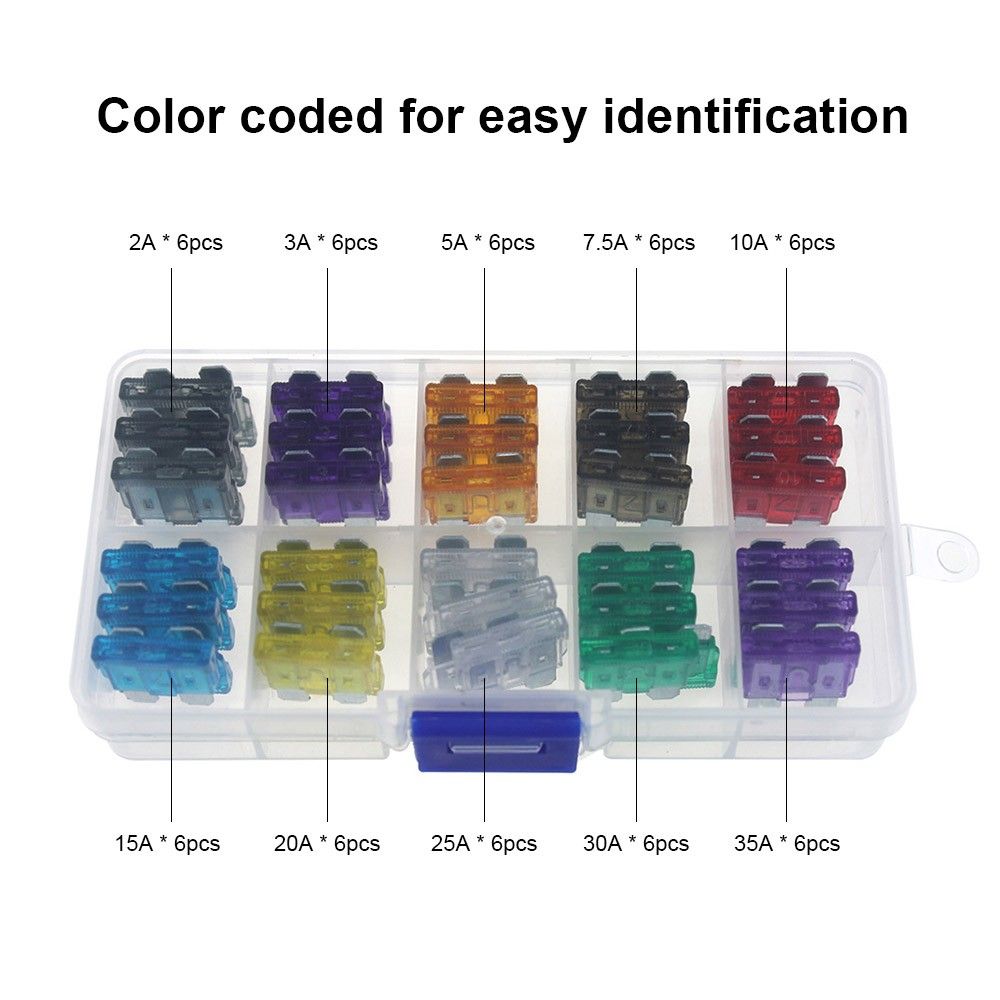 60pcs Assortment Car Standard Blade Fuses 2A 3A 5A 7.5A 10A