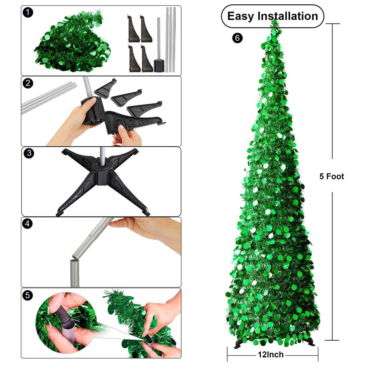Christmas Decorating Product Collapsible Folding Christmas Ornamental Tree 1.5 Meters with Stand Sequin Pencil Tree for Apartment Home Store Holiday