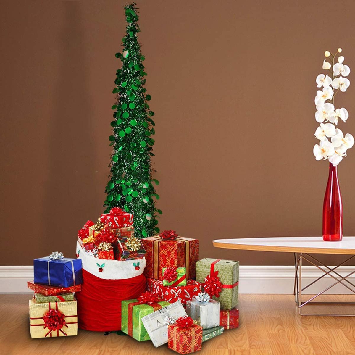 Christmas Decorating Product Collapsible Folding Christmas Ornamental Tree 1.5 Meters with Stand Sequin Pencil Tree for Apartment Home Store Holiday