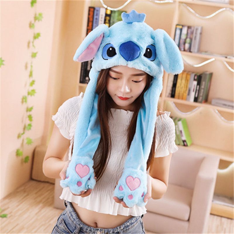 Rabbit Hat Moving Ears Cute Cartoon Toy Hat Airbag Kawaii Funny Toy Cap Kids Plush Toy Birthday Gift Hat For Girls-Blue Without Light