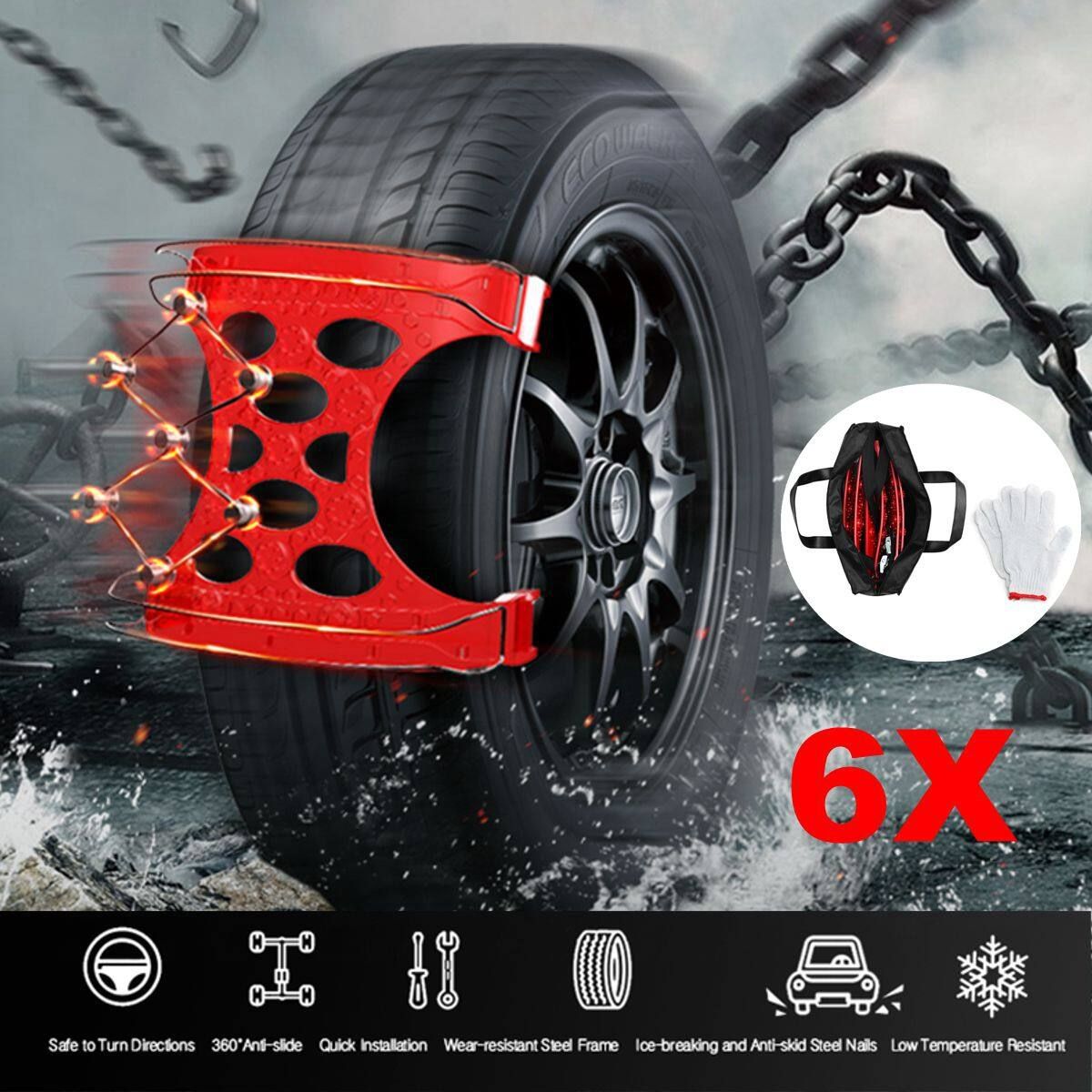 6PCS Red All Steel Wire Snow Chain Car Anti-skid TPU Wheel Belt + Bag Sloves New