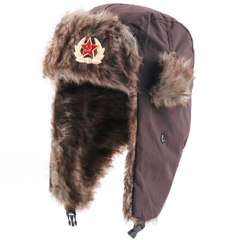Soviet Badge Russia  Er Hat Male  Ary Pilot  Earflap Cap Faux Fur Waterproof Skiing Snow Cap-Coffee Soviet Badge