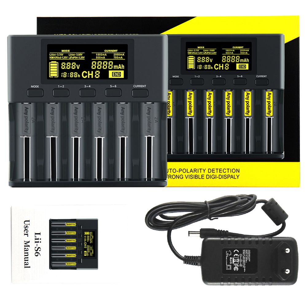 Lii-S6 Battery Charger 18650 Charger 6-Slot Auto-Polarity
