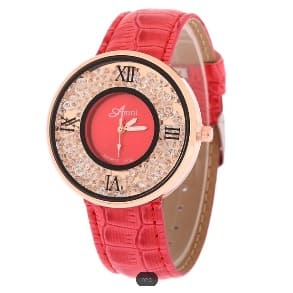 Amni Women's Rhinestone Luxury Leather Watch - Red