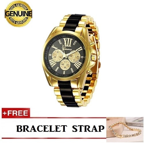 Ladies' Stainless Steel Bracelet Watch - Black & Gold + Free Bracelet