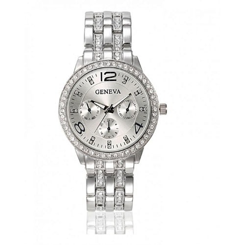 Luxury Crystal Quartz Rhinestone Crystal Wrist Watch - Silver + Free Bracelet