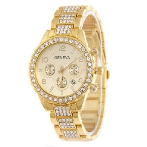 Ladies Exotic Rhinestone Stud Watch - Gold