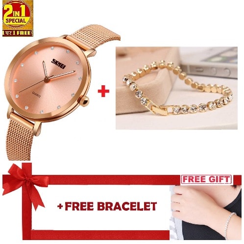 Elegant Female Bracelet Wristwatch With Rhinestone Studded Hour + Free Bracelet