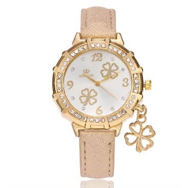 Women's Rhinestone Watch With Clover Pendant -gold