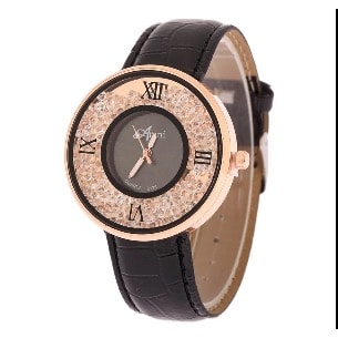 Amni Women's Rhinestone Luxury Leather Watch - Black