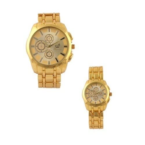 2 In 1 Couple Steel Watch- Gold