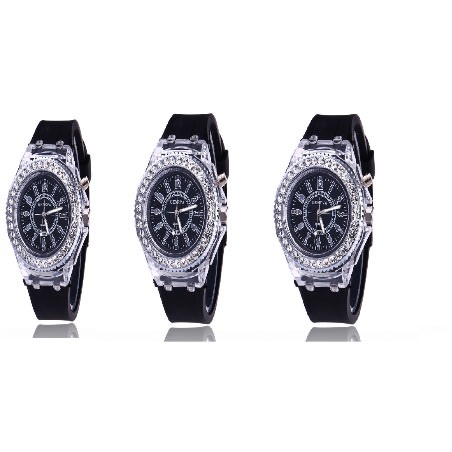 LED Light Blinking Rhinestones Wrist Watch - Black