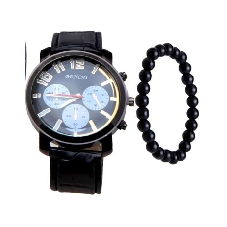 Leather Wrist Watch With Hand Made Bracelet - Black