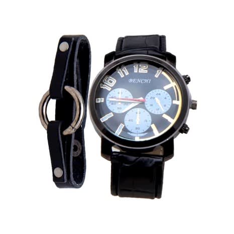 Leather Wrist Watch With Hand Made Bracelet - Black