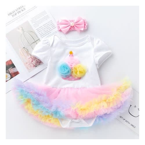 Girl's Romper With Tutu Skirt & Head Band - Multicolor