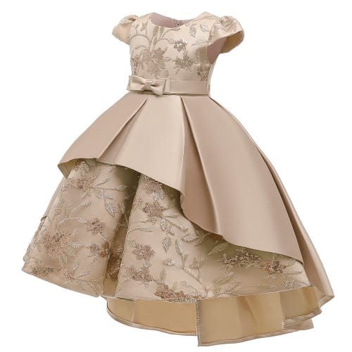 Embroidery Detailed High Low Gown For Girls - Gold
