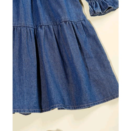 Girls Embriodered Flounce Sleeves Jeans Dress-  Dark Blue