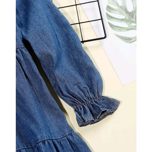 Girls Embriodered Flounce Sleeves Jeans Dress-  Dark Blue