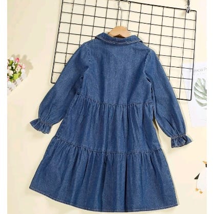 Girls Embriodered Flounce Sleeves Jeans Dress-  Dark Blue