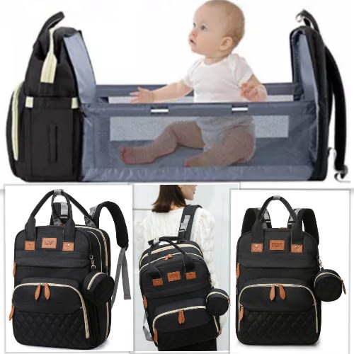 Baby Diaper Backpack With Changing Station - Multifunction Outdoor Travel Baby Bed - Black
