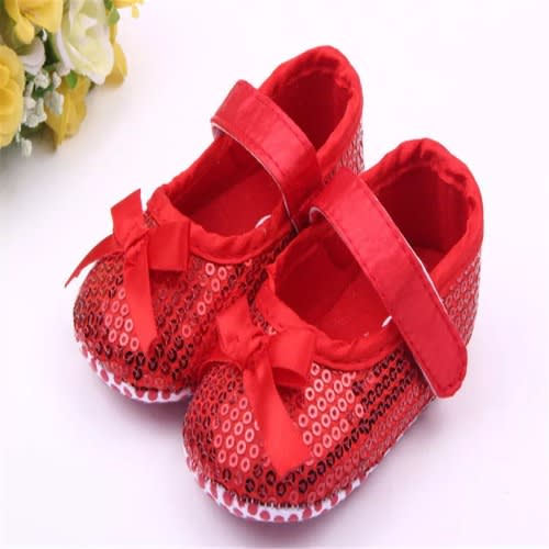 Baby Girl's Bow Knot Anti Slip Sequin Shoe- Red