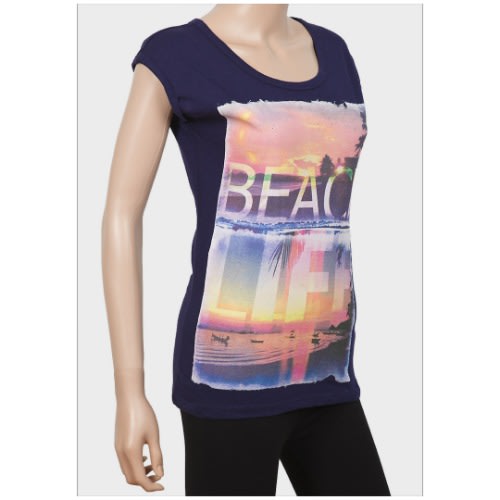 Ladies Beach Life Printed T Shirt - Deep Blue