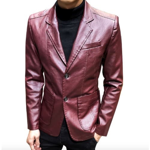 Mens Pu Leather Jacket Blazer - Wine