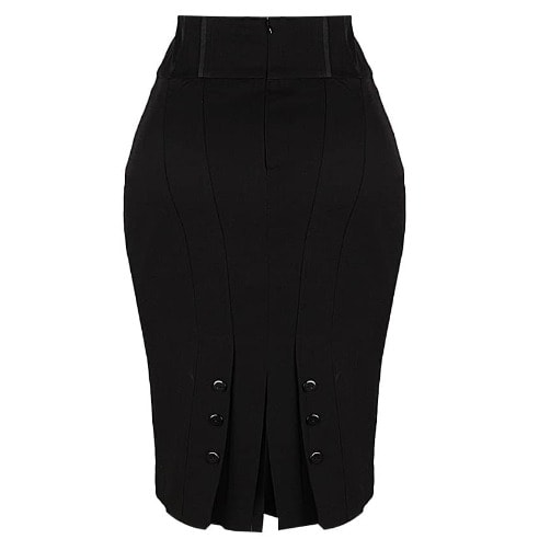 Ladies Pencil Skirt with Back Botton Details-Black