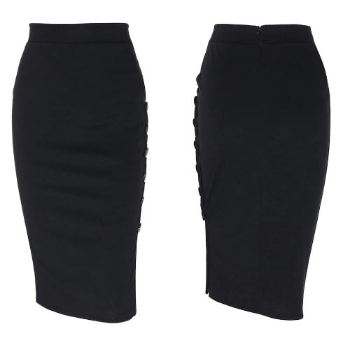 Side Button Pencil Skirt- Black
