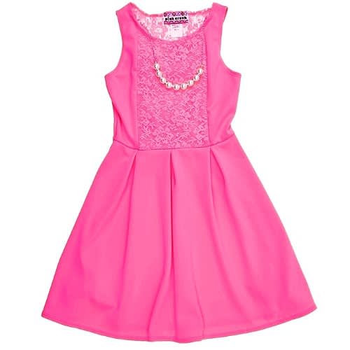 Girls Lace Accented Pleated Dress With Beaded Necklace By Pink Crush- Bright Neon Pink
