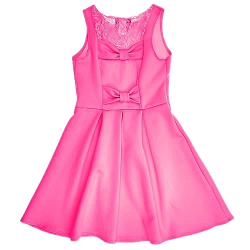 Girls Lace Accented Pleated Dress With Beaded Necklace By Pink Crush- Bright Neon Pink