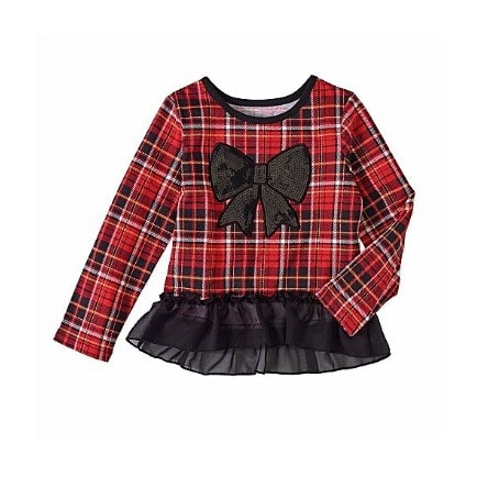 Girls Long Sleeve Sequin Bow Plaid Peplum Top- Red And Black