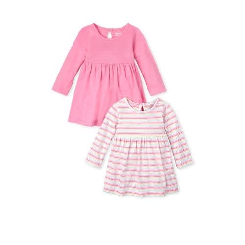 Baby Girl Striped Bodysuit Dress- 2 In 1 Set- Pink