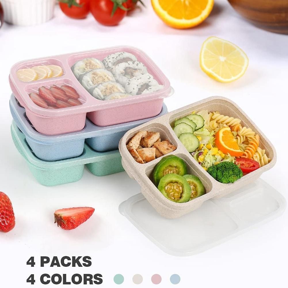 4 Pack Bento Lunch Box,3-Compartment Meal Prep Containers,Lunch Box for Kids,Reusable Food Storage Containers -Stackable