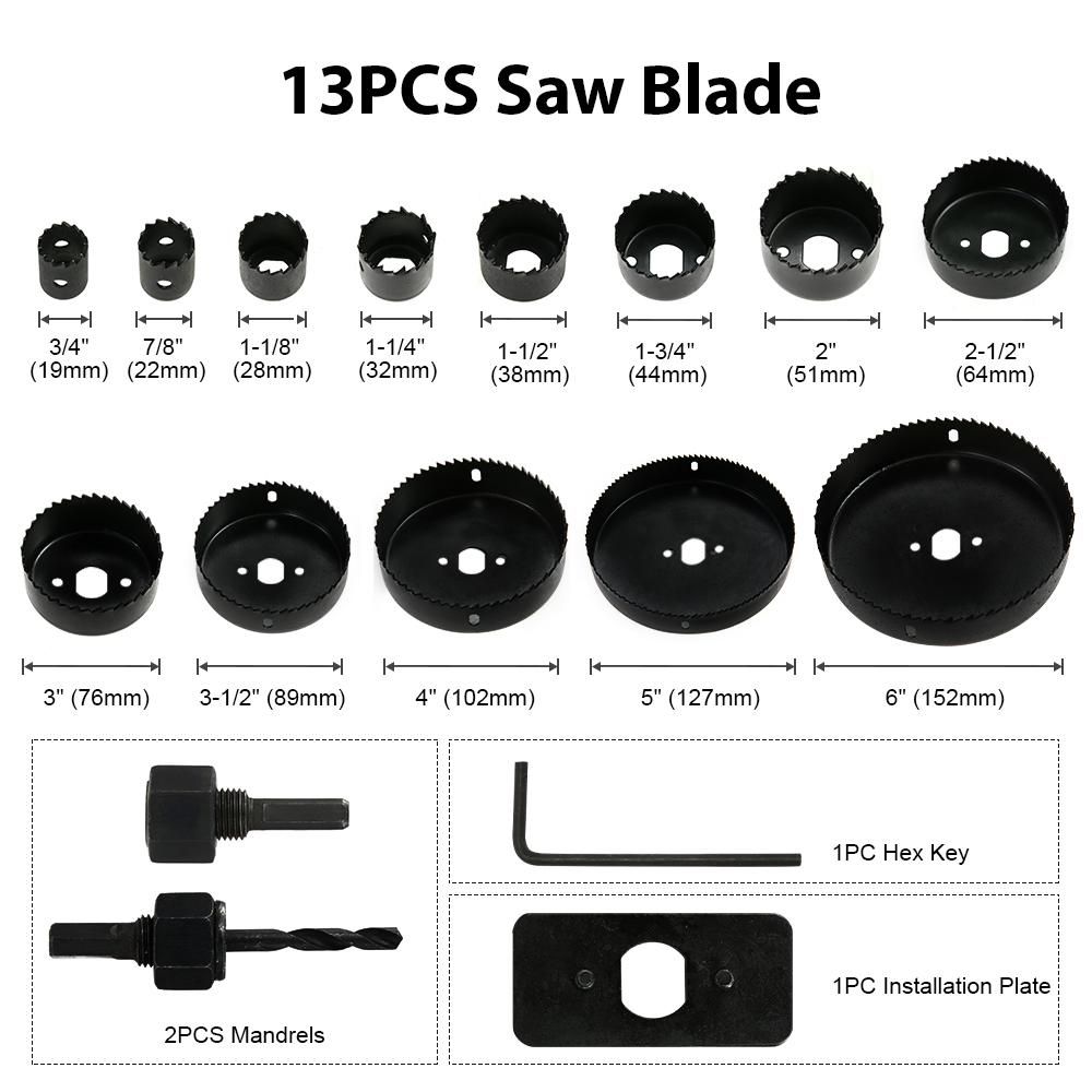 Hole Saw Kit, Meterk 17 Pcs Hole Saw Set with 13Pcs Saw Blades, 2 Mandrels, 1 Installation Plate, 1 Hex Key, Max Size 152mm and Min Size 19mm, Ideal for Soft Wood, PVC Board and Plastic Plate Drilling