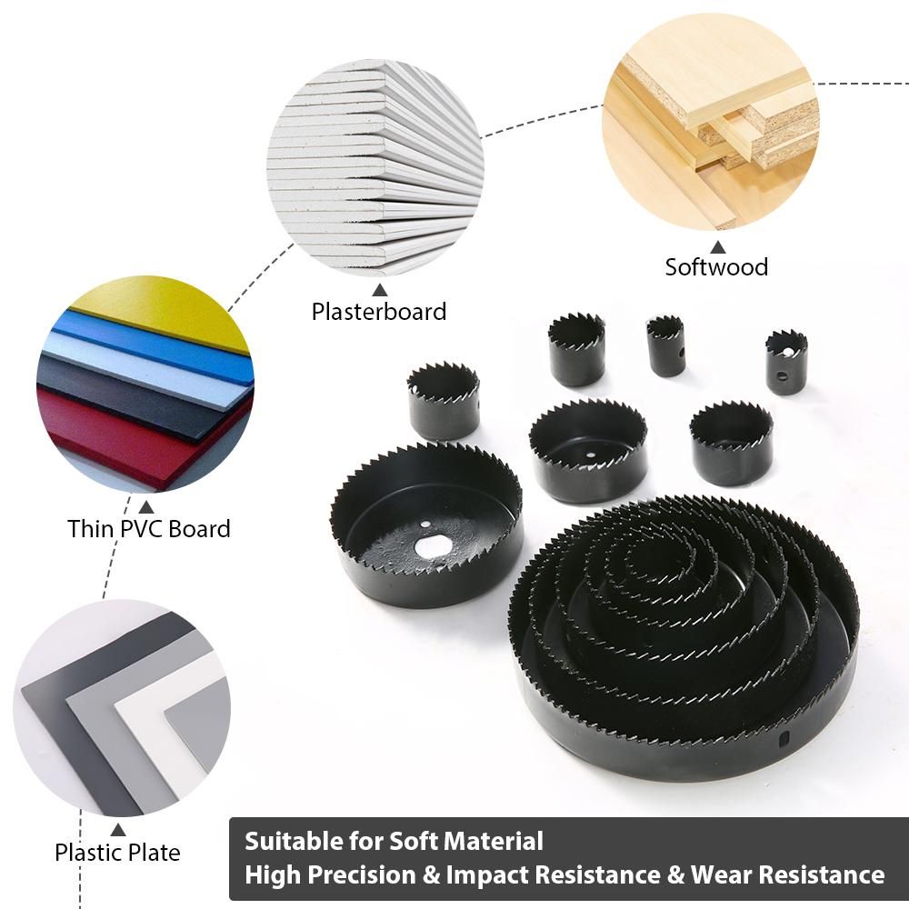 Hole Saw Kit, Meterk 17 Pcs Hole Saw Set with 13Pcs Saw Blades, 2 Mandrels, 1 Installation Plate, 1 Hex Key, Max Size 152mm and Min Size 19mm, Ideal for Soft Wood, PVC Board and Plastic Plate Drilling