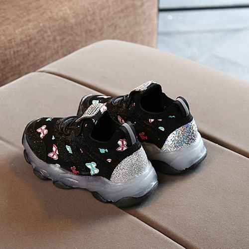 Rhinestone Sequins Children's Sports Shoes Boys Breathable LED Black Shoes